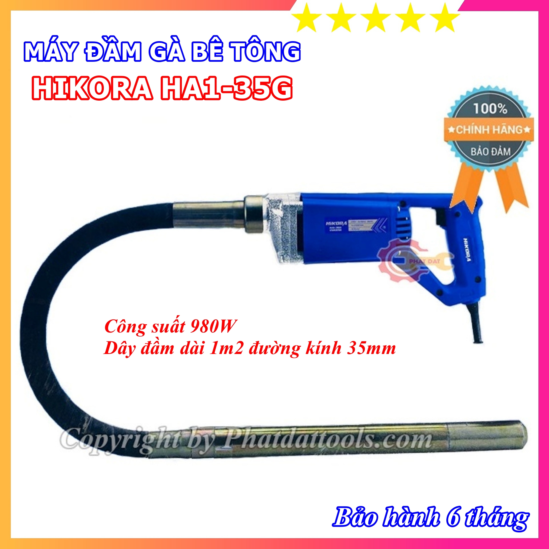 Máy đầm dùi betong cầm tay - máy đầm gà hikora ha1-35g - kèm sẵn dây đầm 1m2 - bảo hành toàn quốc 6 tháng