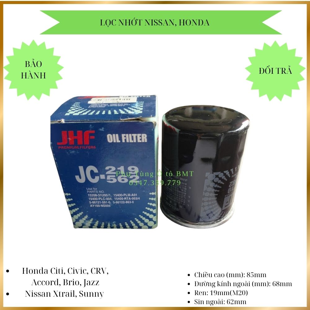 Lọc nhớt HONDA  Brio, Jazz, CRV, Civic, Arcord, Nissan Sunny, Xtrail. Mã JC-219562, 15400-PLM-A01.
