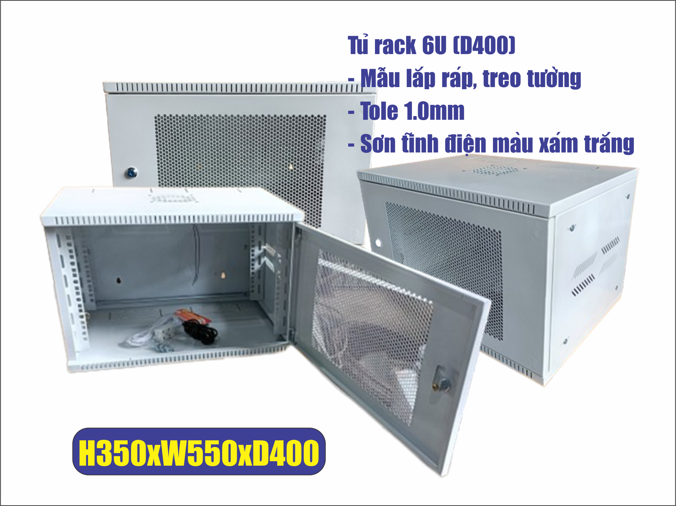 TỦ RACK (TỦ MẠNG) 6U (D400) treo tường (màu xám trắng/màu đen) - mẫu lắp ráp