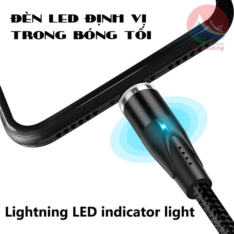 Cáp Sạc Nhanh Từ Tính 3A, dây sạc bọc dù bền chống gãy gập đầu nam châm hít mạnh, dây sạc nhanh 3 đầu đa năng xoay 360