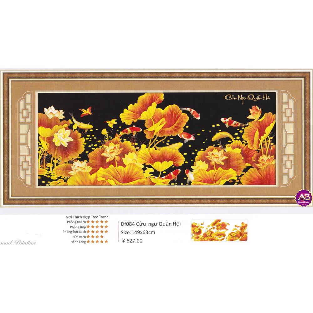 Tranh đính đá cá Cửu ngư quần hội kích thước149x63cm