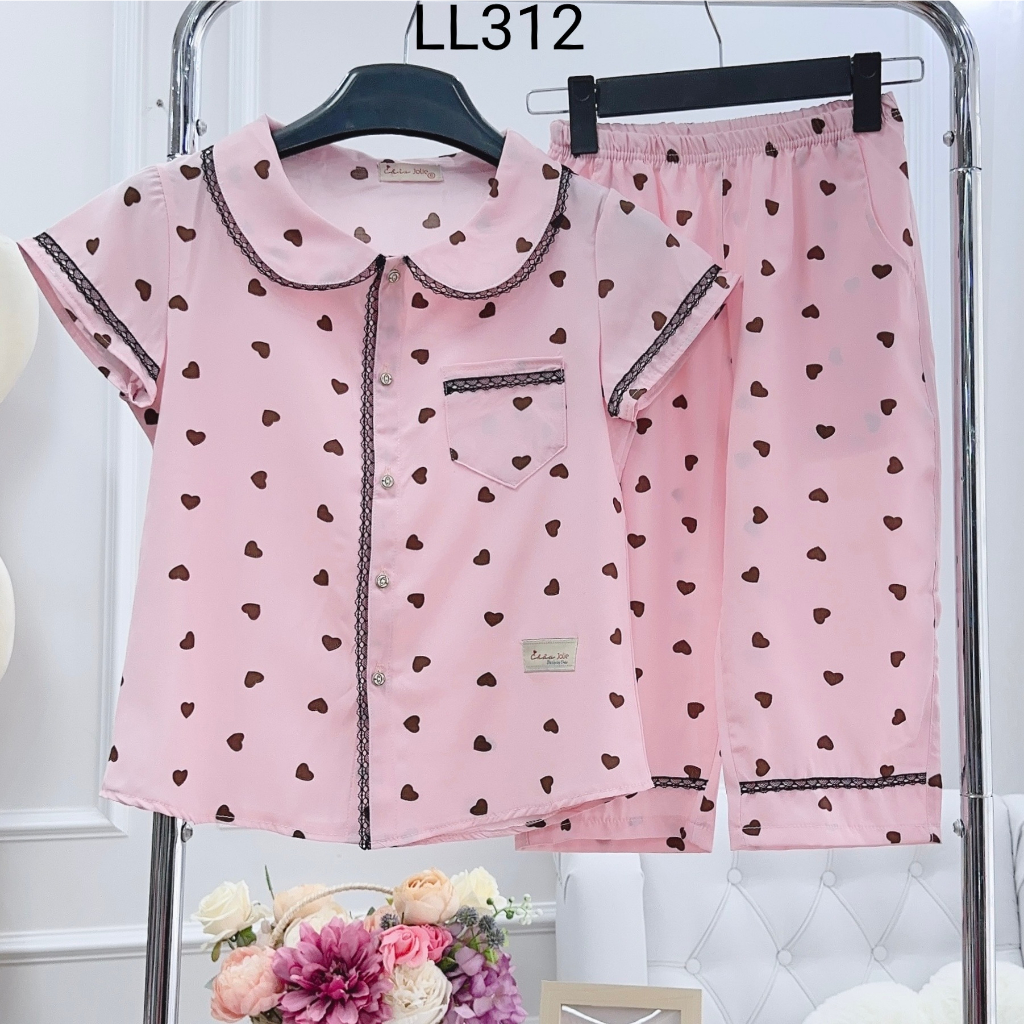 Đồ bộ mặc nhà nữ, bộ lửng cổ sen hoạ tiết tim 2 màu vải lụa mềm mát