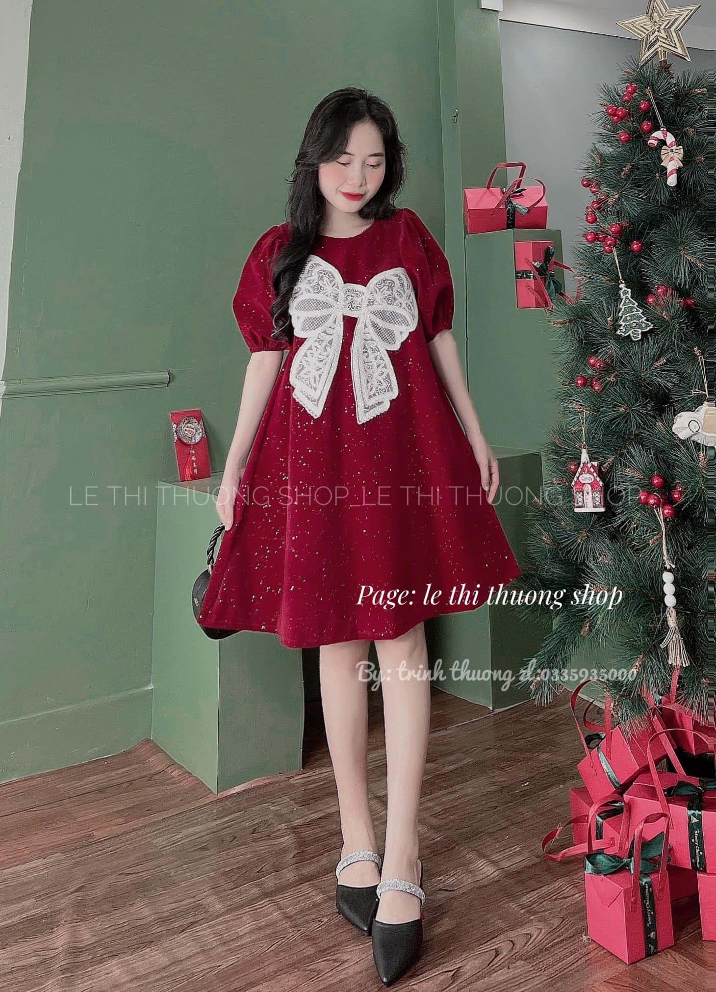 Đầm nhung vữ dáng xòe babydoll đính nơ ren tay phồng, Đầm váy nữ nhung suông nơ ngọc kim tuyến
