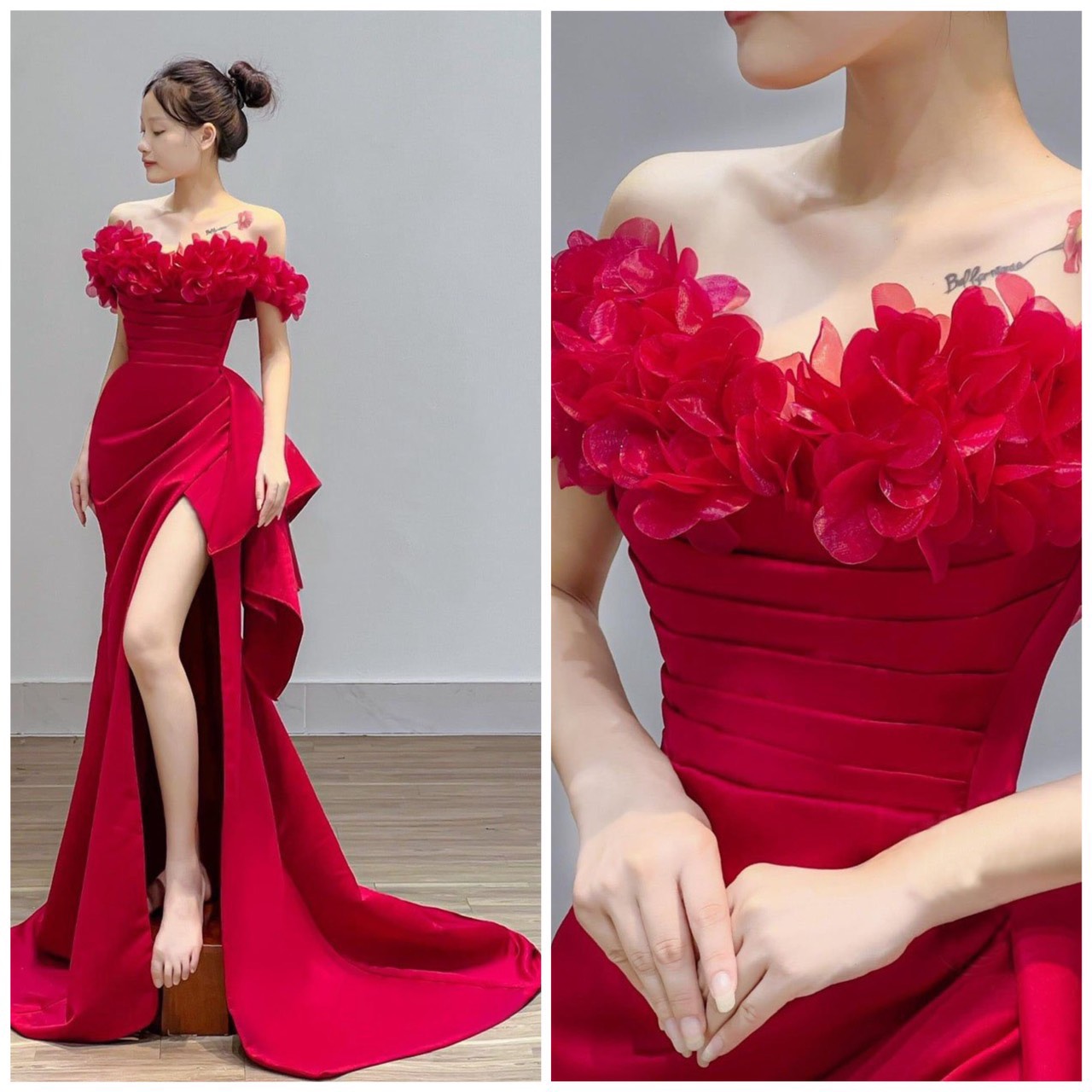 Đầm maxi body mặc cưới tripble t dress trễ vai đính cánh hoa - size s/m/l - ms34y
