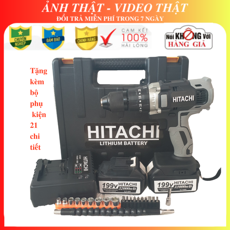 áy khoan pin 199V Hitachi 3 chức năng có búa - Động cơ 775 siêu mạnh mẽ, Tặng 21 chi tiết