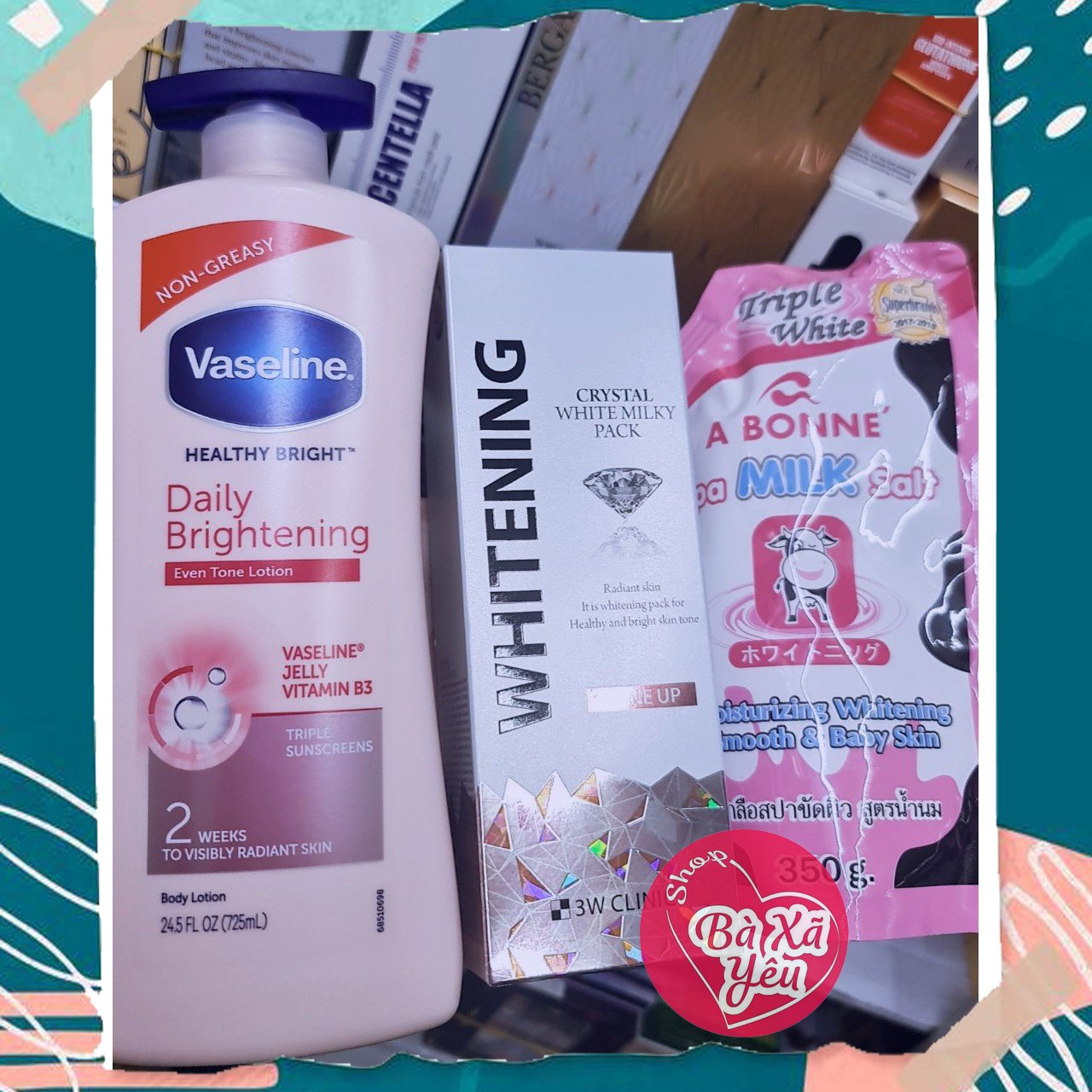 Combo dưỡng thể vaseline mới + kem tắm trắng 3w clinic crystal white milky pack 200g + muối tẩy tế bào chết a bonne