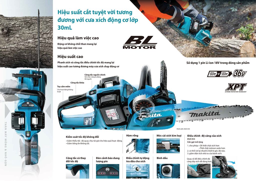 Máy cưa xích dùng pin 350mm 18Vx2 Makita DUC353Z  | Tadachi