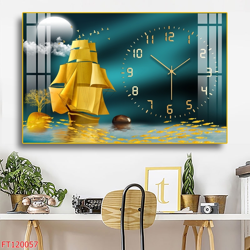 Tranh 3d đồng hồ phong cảnh thuyền và biển lãng mạn - đồng hồ kim trôi chạy pin tráng gương sang trọng
