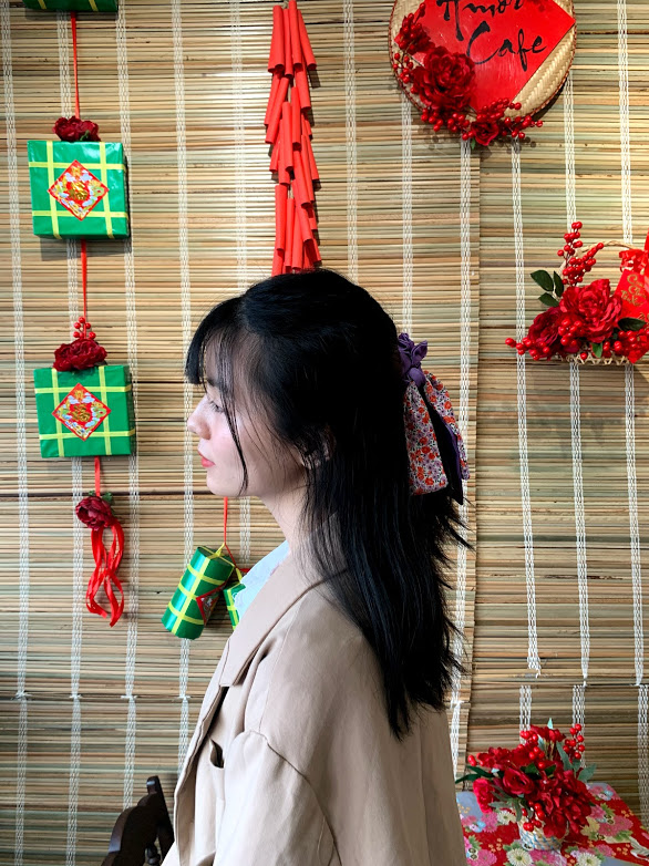 Dây cột tóc pelta scrunchies nơ dài tím mộng mơ