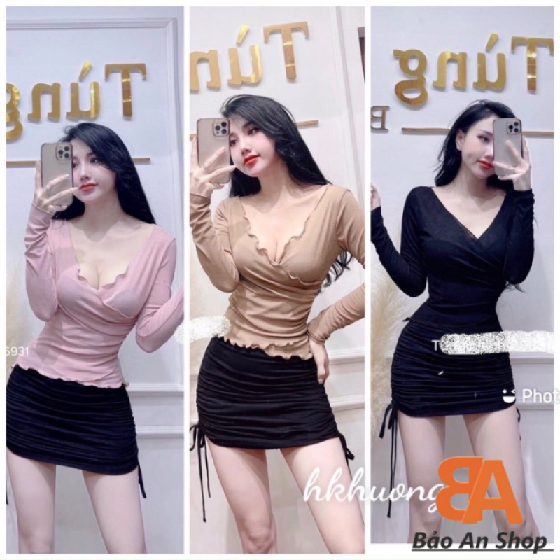 Sét áo lụa đắp chéo phối chân váy rút dây chất Borip