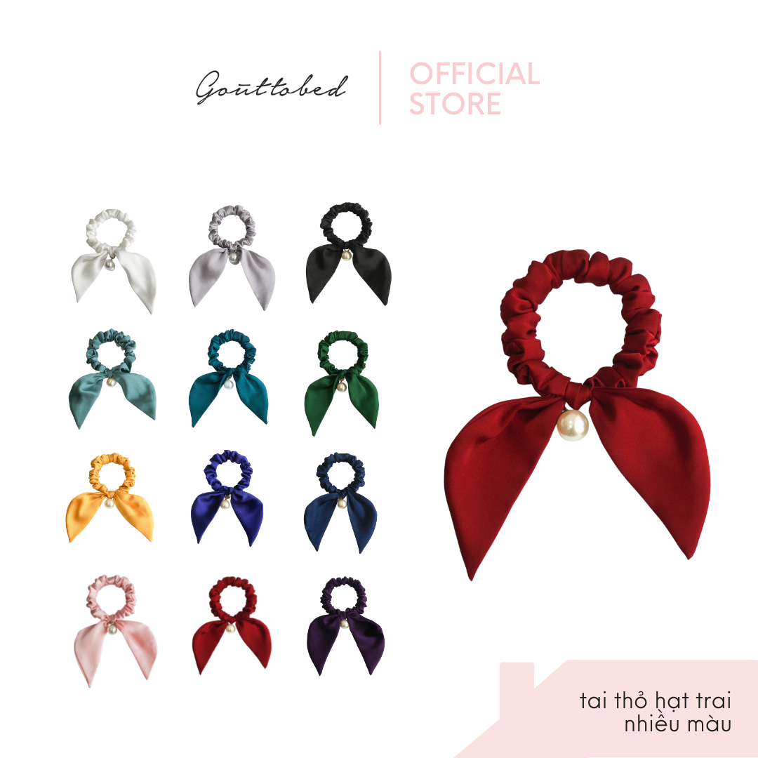 Scrunchies cột tóc nơ đính ngọc trai/đính đá Goûttobed Lụa Satin Silk (nhiều màu)