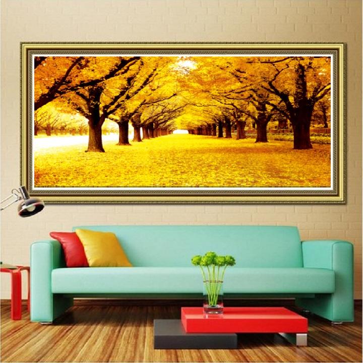 Tranh Thêu Chữ Thập Phong Cảnh Rừng Cây Lá Vàng