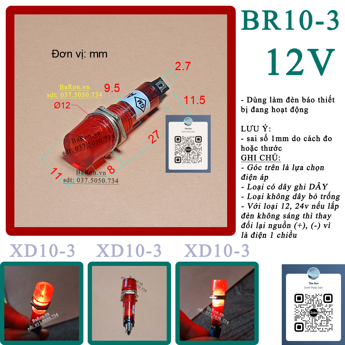 Đèn báo nguồn nhỏ XD10 phi 10mm 12v 24v 220v