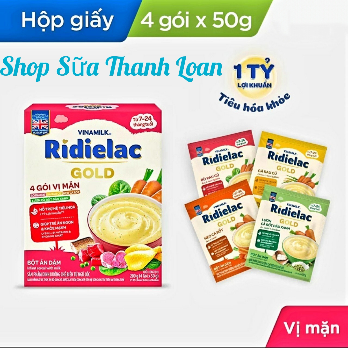 (HSD T3-2025) (MẪU MỚI) BỘT ĂN DẶM RIDIELAC GOLD 4 VỊ MẶN - HỘP GIẤY 200G.