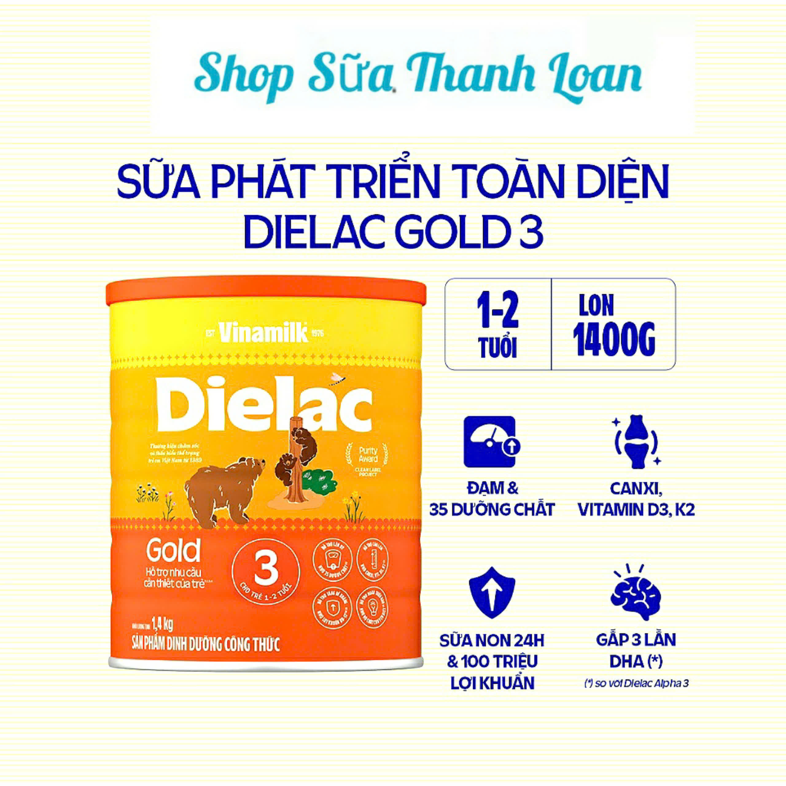 (Expiration Date June 2027) (New Model) Vinamilk Dielac Gold 3 Powder Milk 1400g.