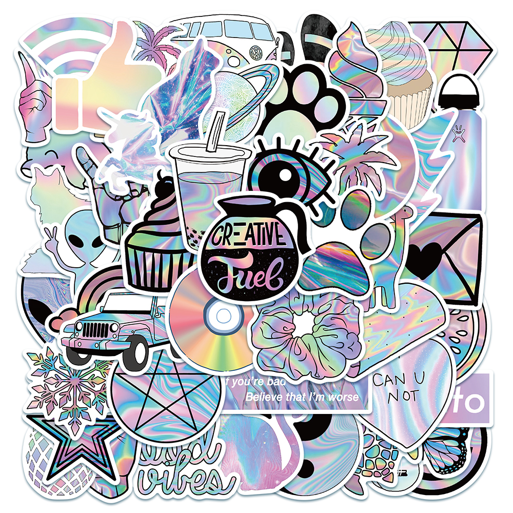 50Pcs Cool Laser Colorful Waterproof Sticker Skateboarding Snowboard Retro Vinyl Sticker Graffiti Notebook Sticker