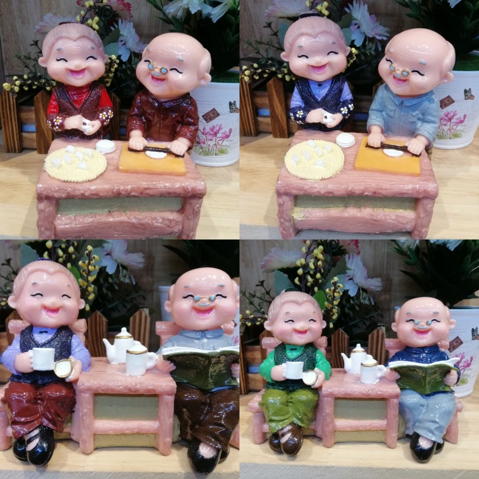 Tượng ông bà già trang trí nhà cửa mẫu làm bánh và uống trà