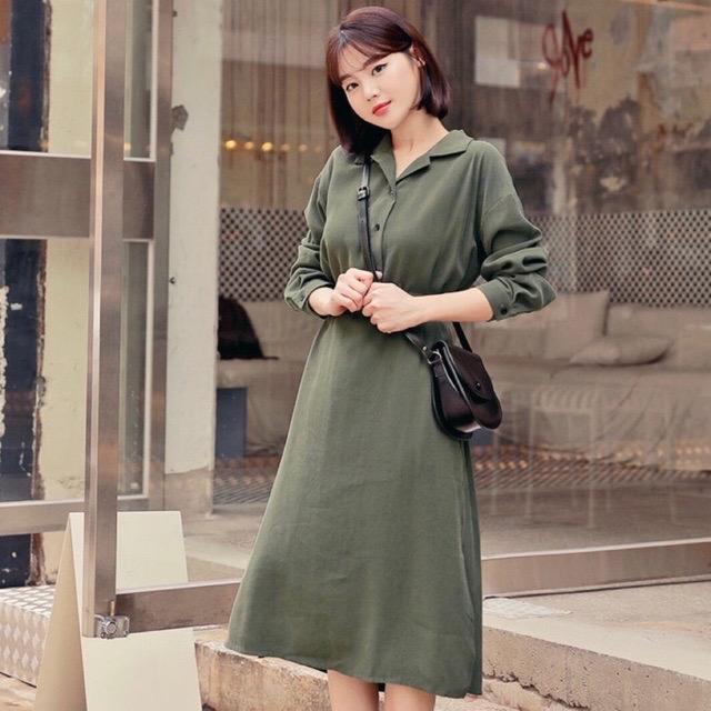 Đầm Suông Xanh Rêu Cổ Sơ Mi ( dưới 60kg )