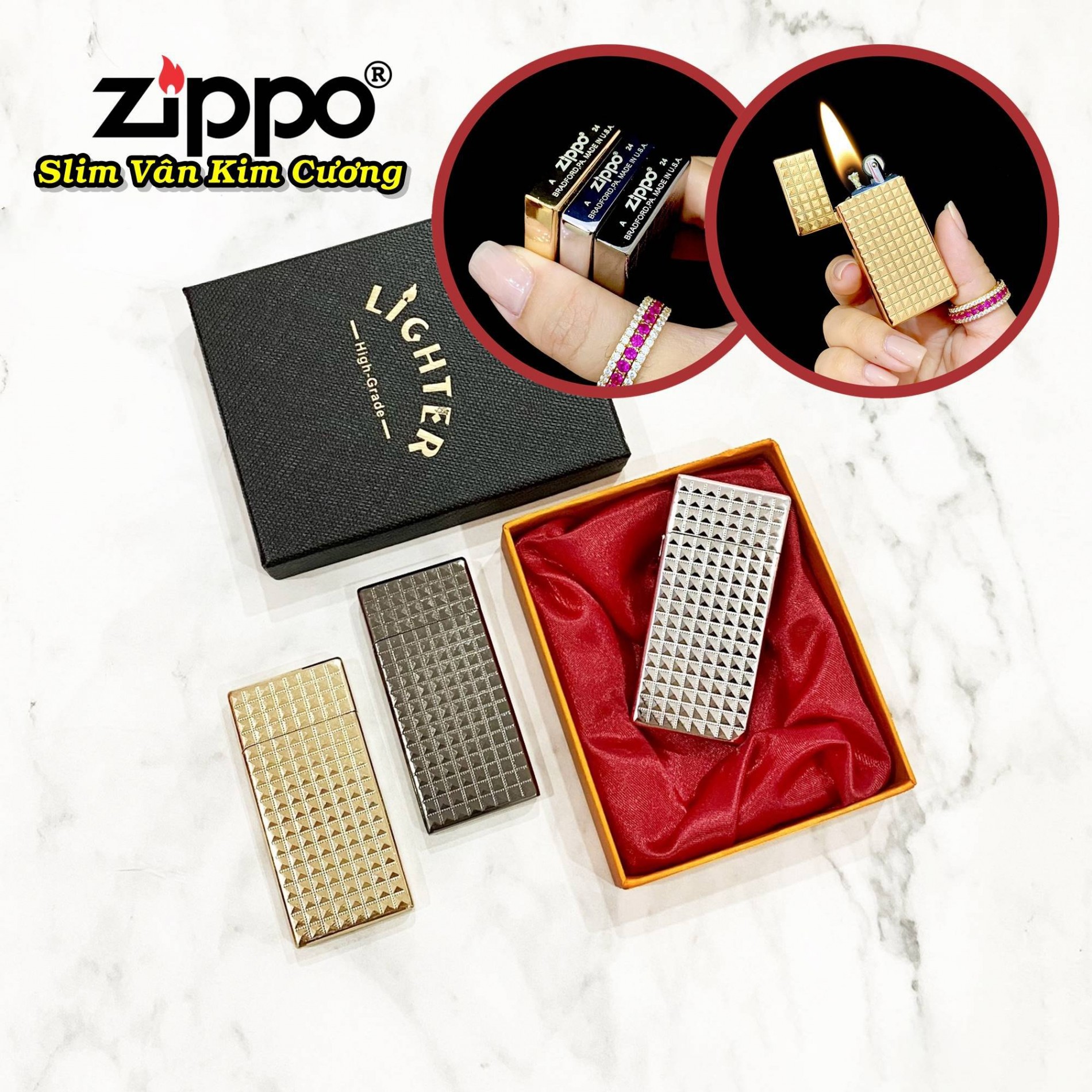 bật lửa zippo vân kim cương slim - xài gas