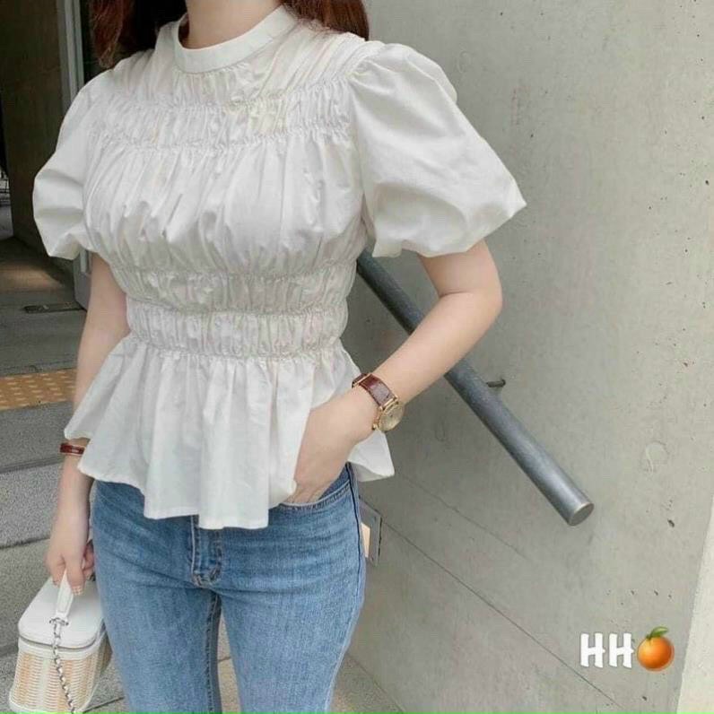 Áo voan tay ngắn tay phồng tiểu thư