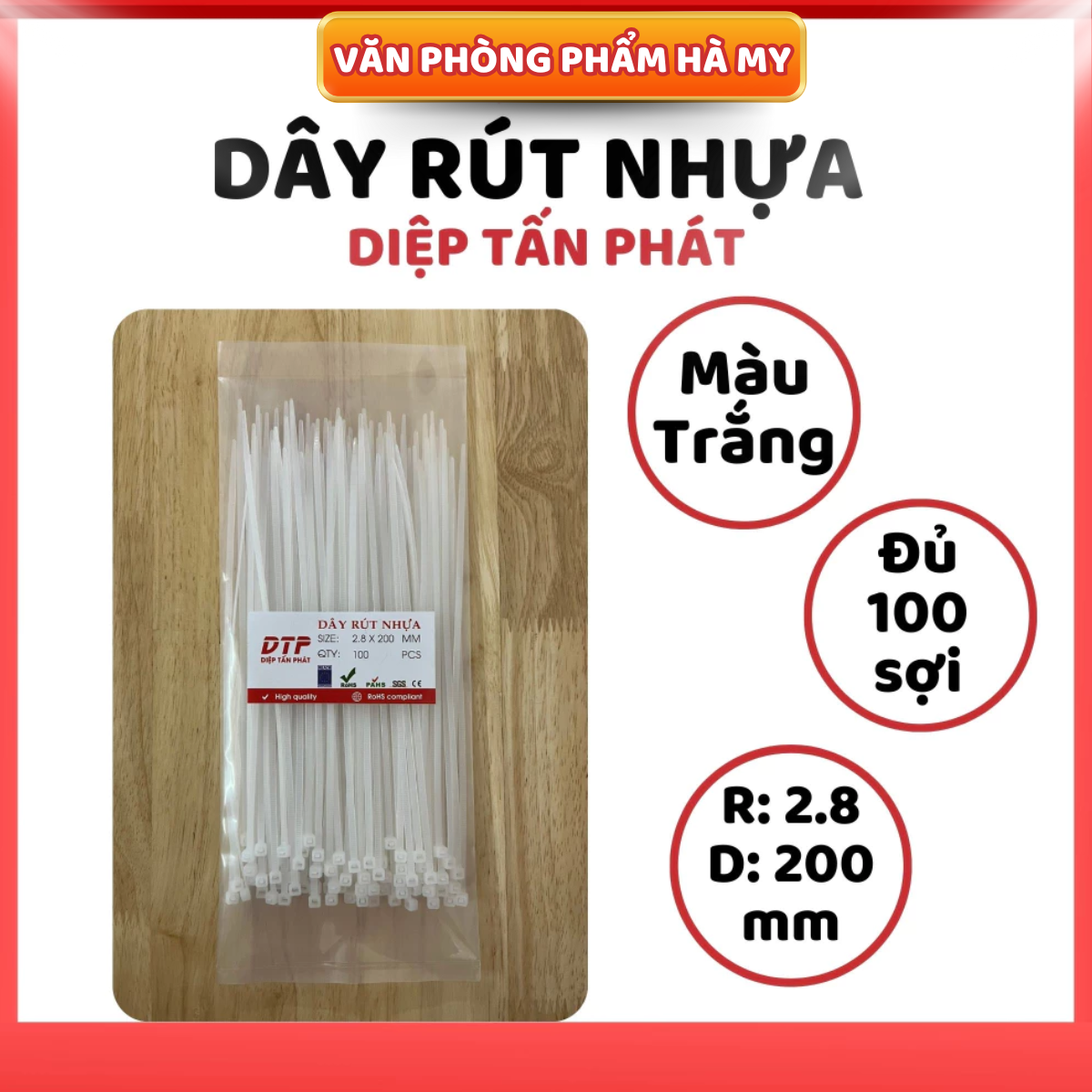 Bịch 100 Sợi Dây rút nhựa 20cm màu trắng