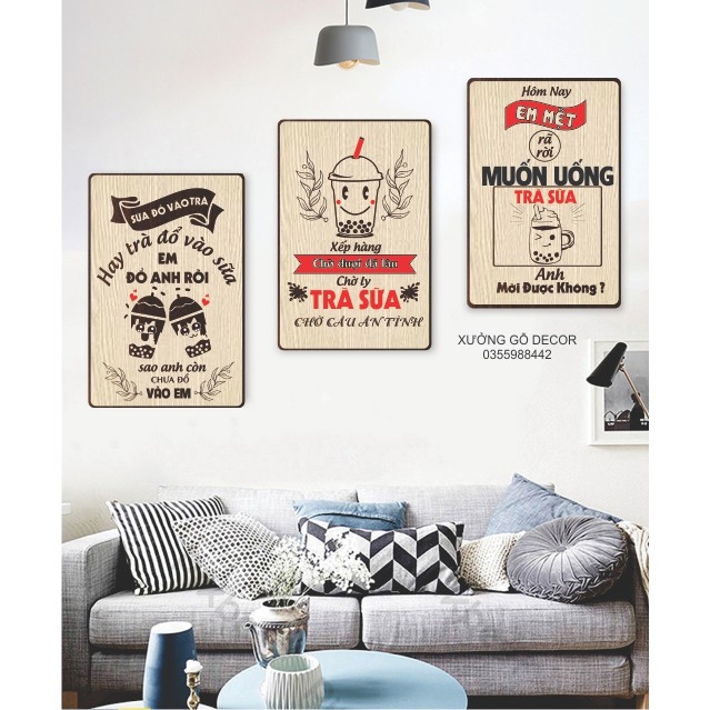Sét 3 Tranh Trang Trí Quán Trà Sữa, Coffee Bằng Gỗ