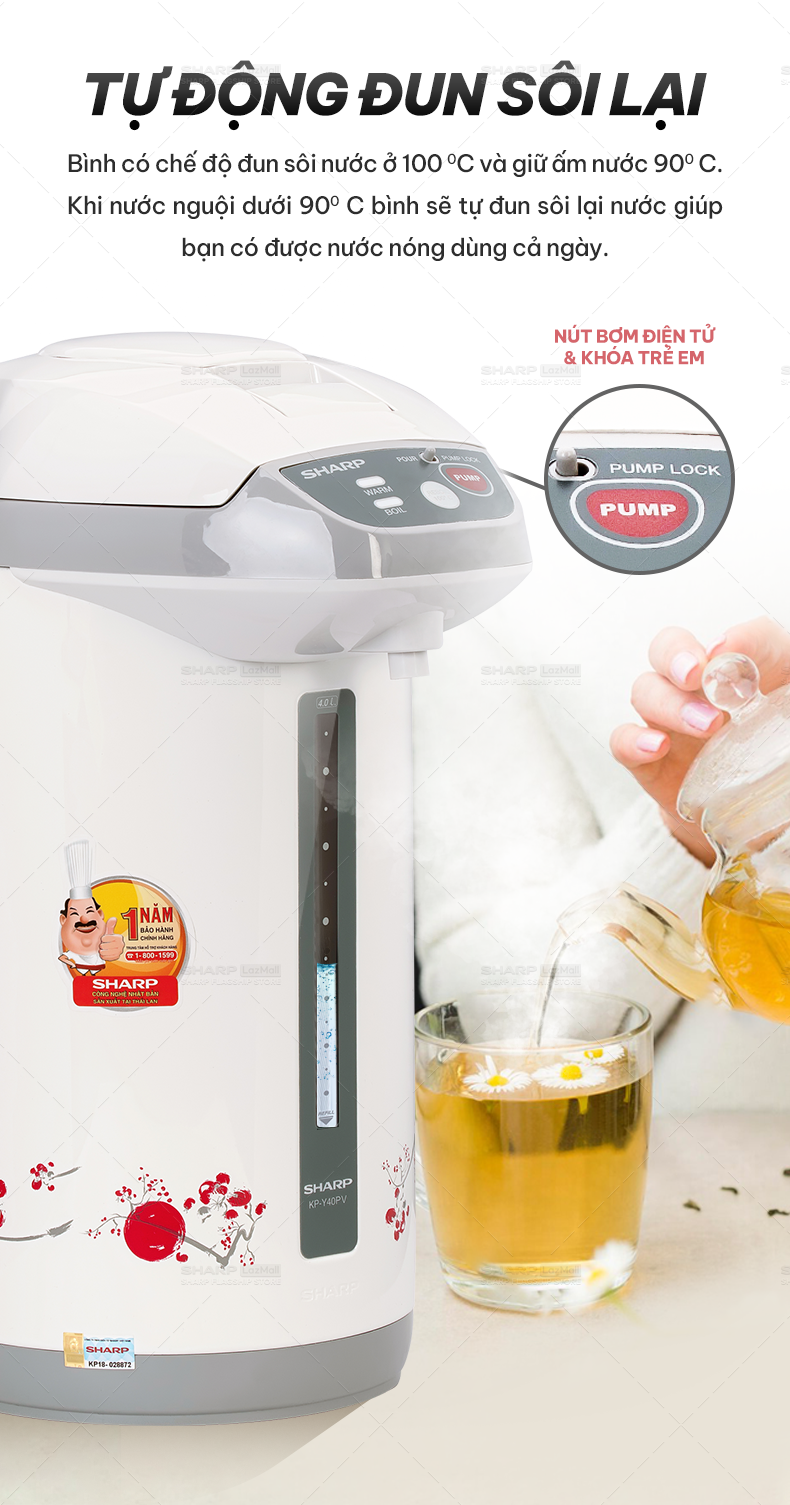 Bình Thủy  Điện Sharp KP-Y40PV-RD Dung Tích 4L [HÀNG CHÍNH HÃNG BẢO HÀNH 12 tháng]
