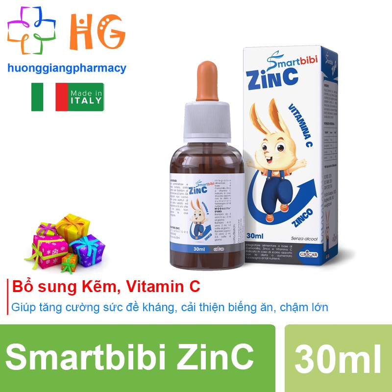 Kẽm cho bé Smartbibi Zinc Vitamin c Kẽm zinc Kẽm cho bé biếng ăn Siro ăn ngon cho bé Tăng đề kháng Bổ sung kẽm Chai 30ml