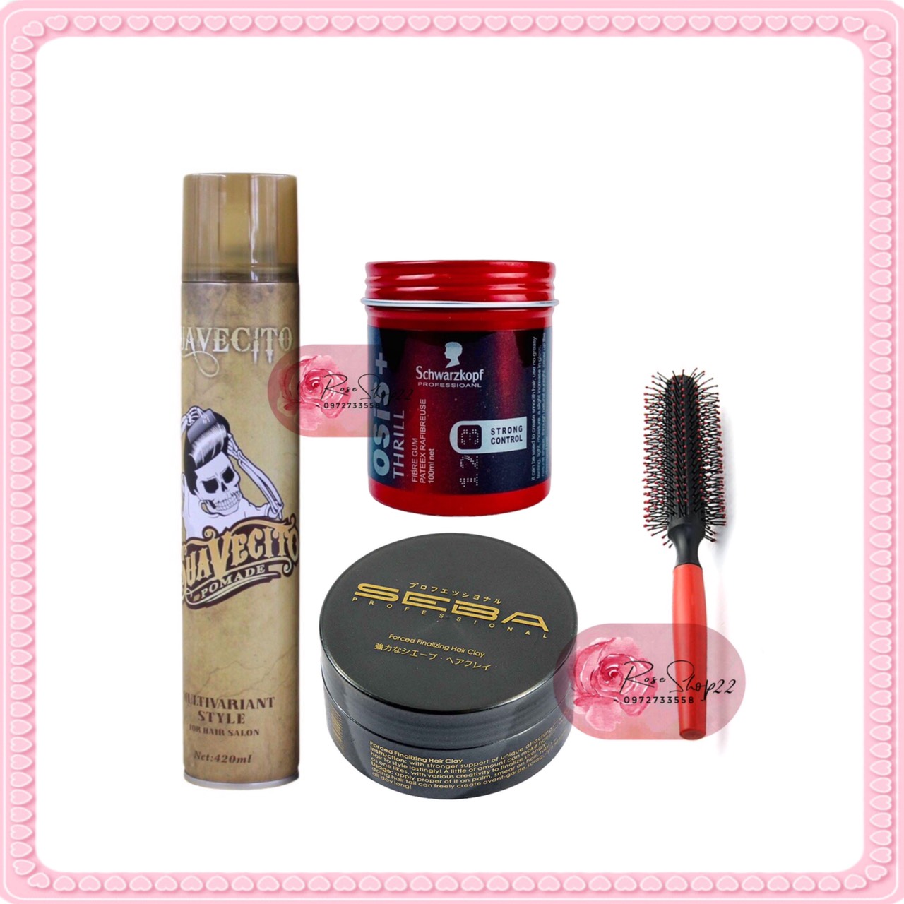 Seba Hair Comb + Osis + Suavecito Hair Spray + Round Brush