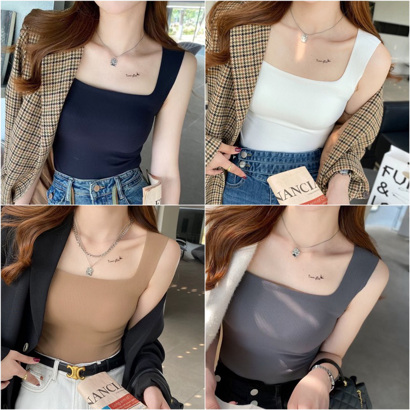 Áo Bra Nữ Su Tăm 2 Dây Dáng Dài Có Mút Nâng Ngực Quyến Rũ, Áo 2 Dây Bản To Cổ Vuông