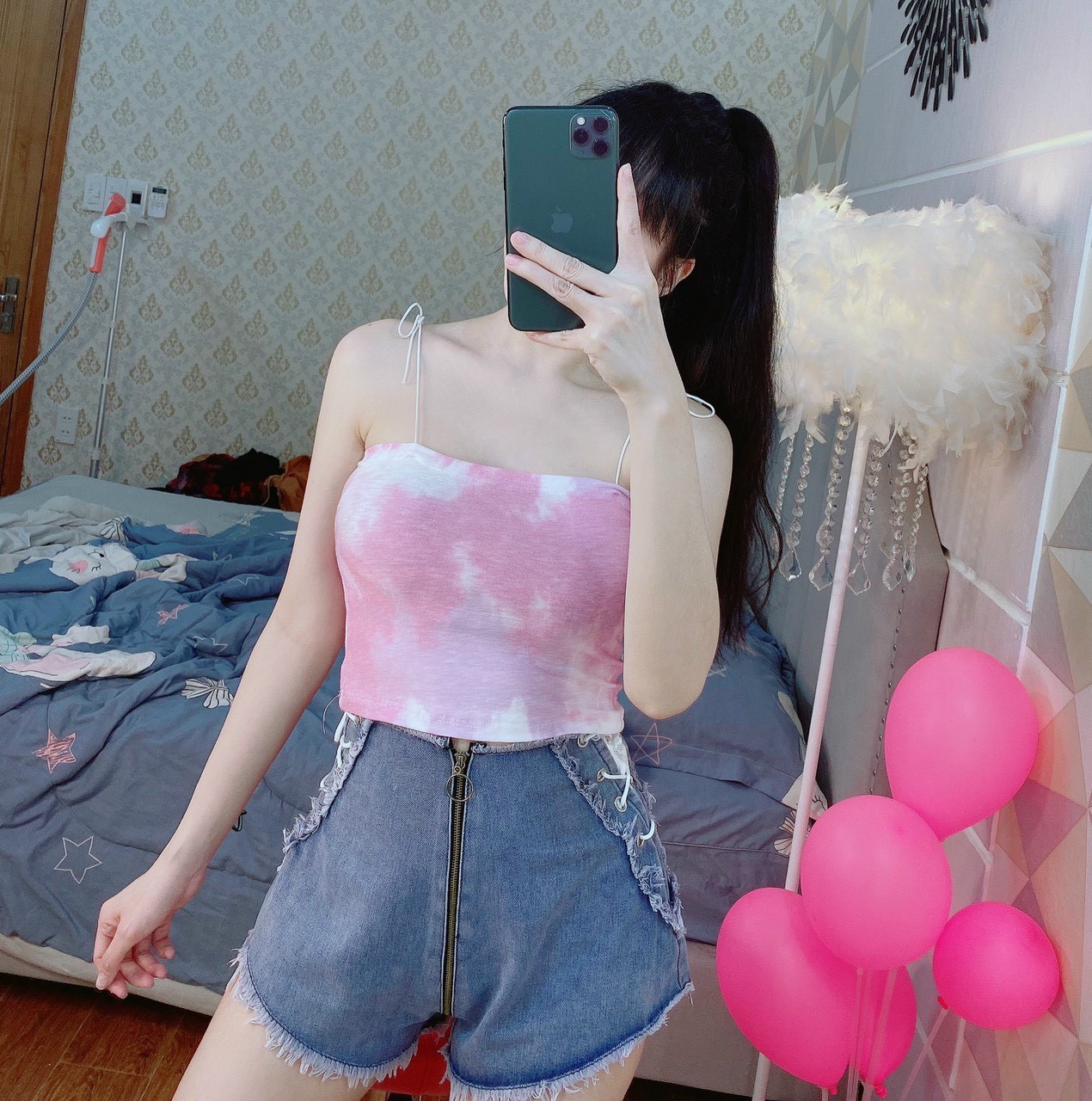 Áo croptop 2 dây màu loang cột nơ vai xinh , ảnh thật, đủ màu, free size