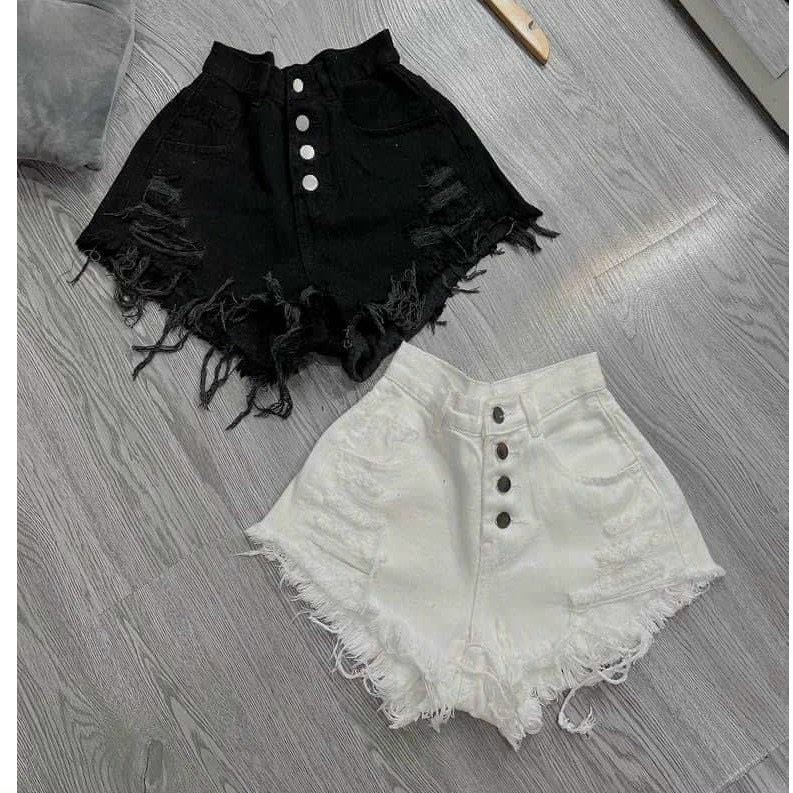 Quần đùi lưng cao , quần short jean 4 nút phối rách hottrend , quần short đùi jeans nữ lưng cao rách nhẹ lai tua phối 4 nút