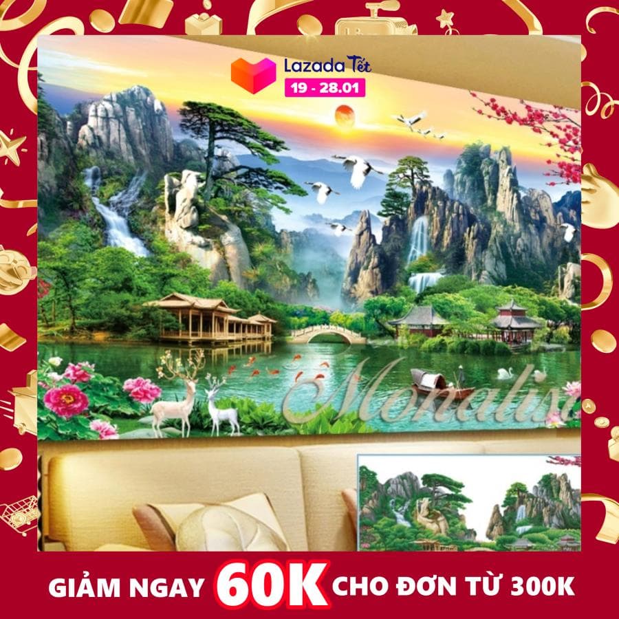 Tranh đính đá phong cảnh Y8233 120x60cm. Bộ Phụ Kiện(Chưa Khung)+ Vải nền ( in sẵn ký hiệu, chống ẩm mốc và có phủ keo trong suốt).