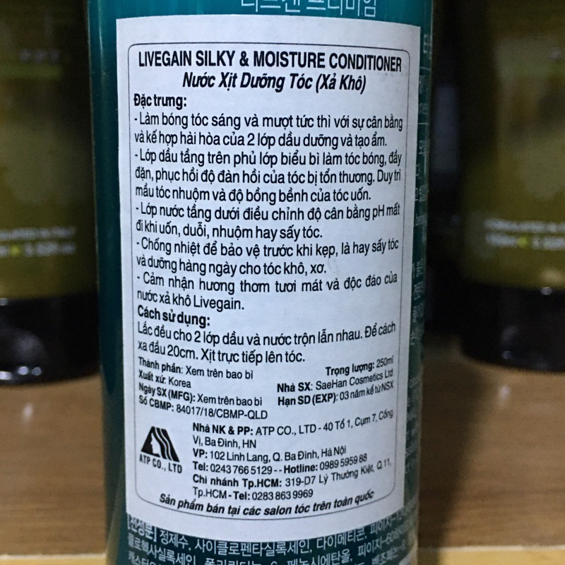 [+Tặng mũ trùm] Xịt dưỡng ẩm suôn mượt chống rối tóc Livegain Leave-in Conditioner 250ml Hàng Quốc