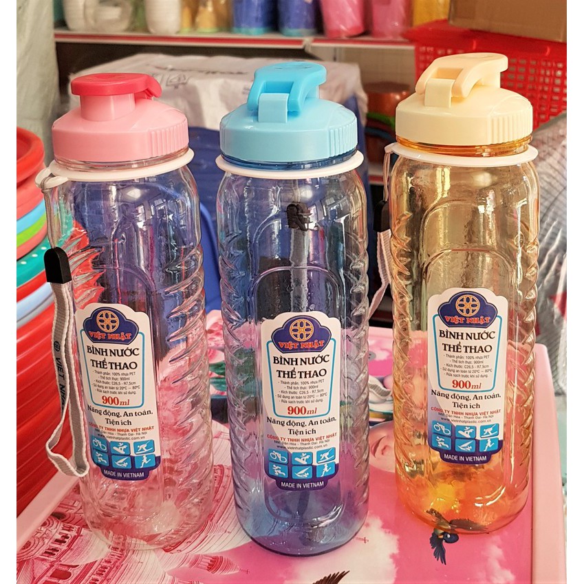 Bình nước thể thao VIệt Nhật, chai nhựa đựng nước, bình đựng nước cho bé, chai đựng  nước cho bé đi học- Dung tích lớn 900ml- Nhựa Việt Nhật- 100% PET đạt chuẩn- 3 màu vàng, trắng, xanh- Tiện dụng