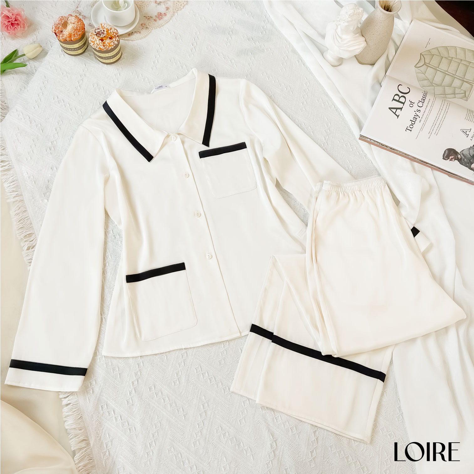Bộ pijama lụa trắng viền đen dáng dài basic loirechic lpd20