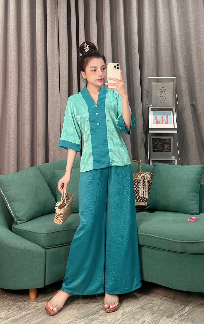 set  đồ lam đi chùa thiết kế nữ bài lai gấm phối lụa