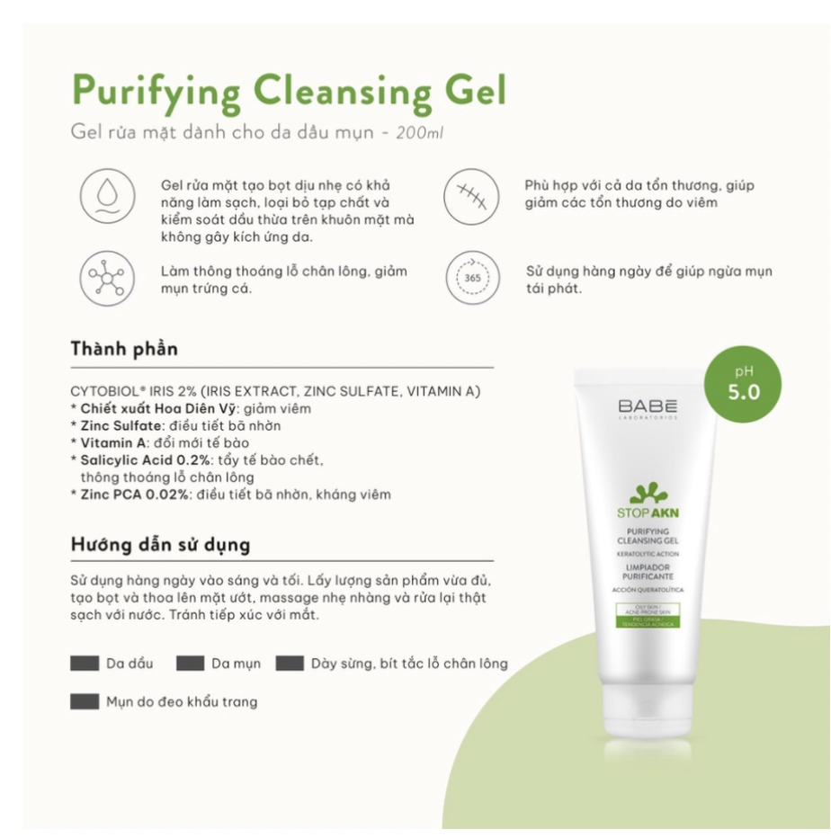 [HCM]SỮA RỬA MẶT BABE STOP AKN PURIFYING CLEANSING GEL