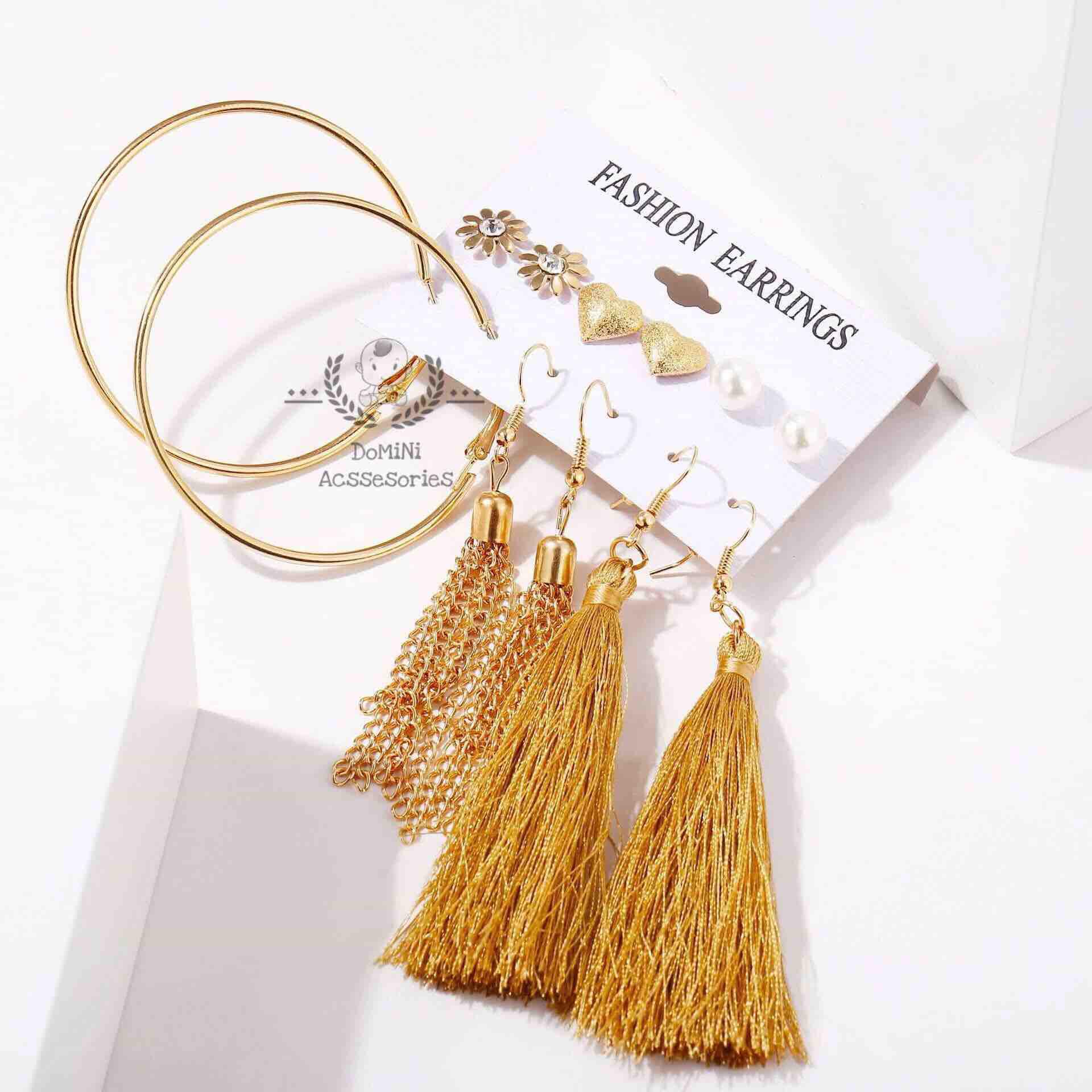 [HCM]Set 6 cặp bông tai khuyên tai tròn vàng dài thời trang cá tính