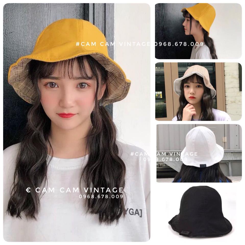 MŨ BUCKET VÀNG ULZZANG ĐỘI HAI MẶT ĐỘI 2 KIỂU ( 1 MẶT CARO + 1 MẶT MÀU )