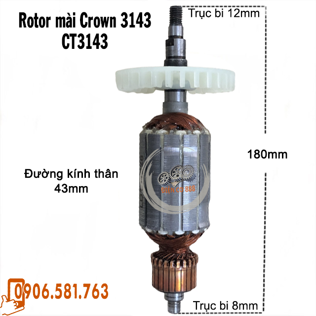 Rotor mài crown 3143 , 13029 thân 43mm dài 180mm - rotor mài crown 150mm 220v - tặng chổi than