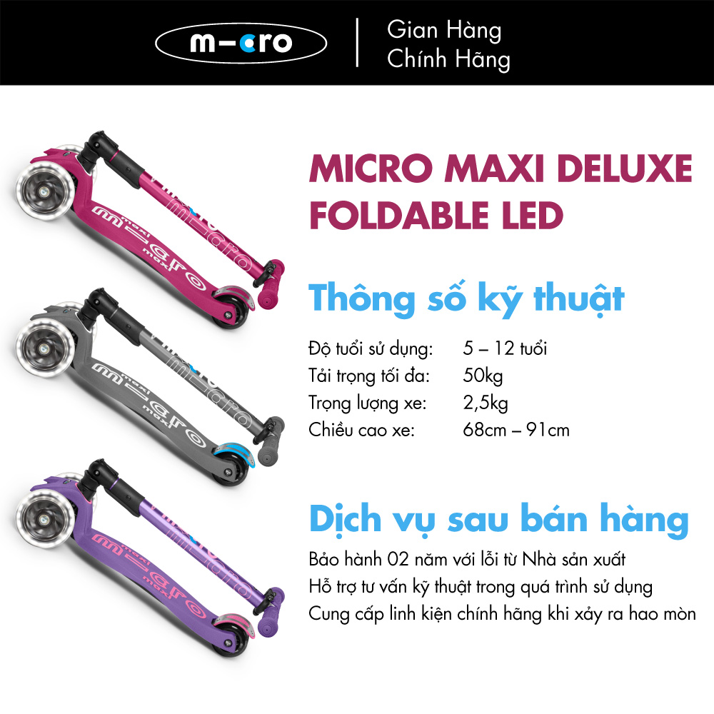 Xe trượt scooter Micro Maxi Deluxe Foldable LED (phiên bản gập gọn và bánh xe đèn LED)