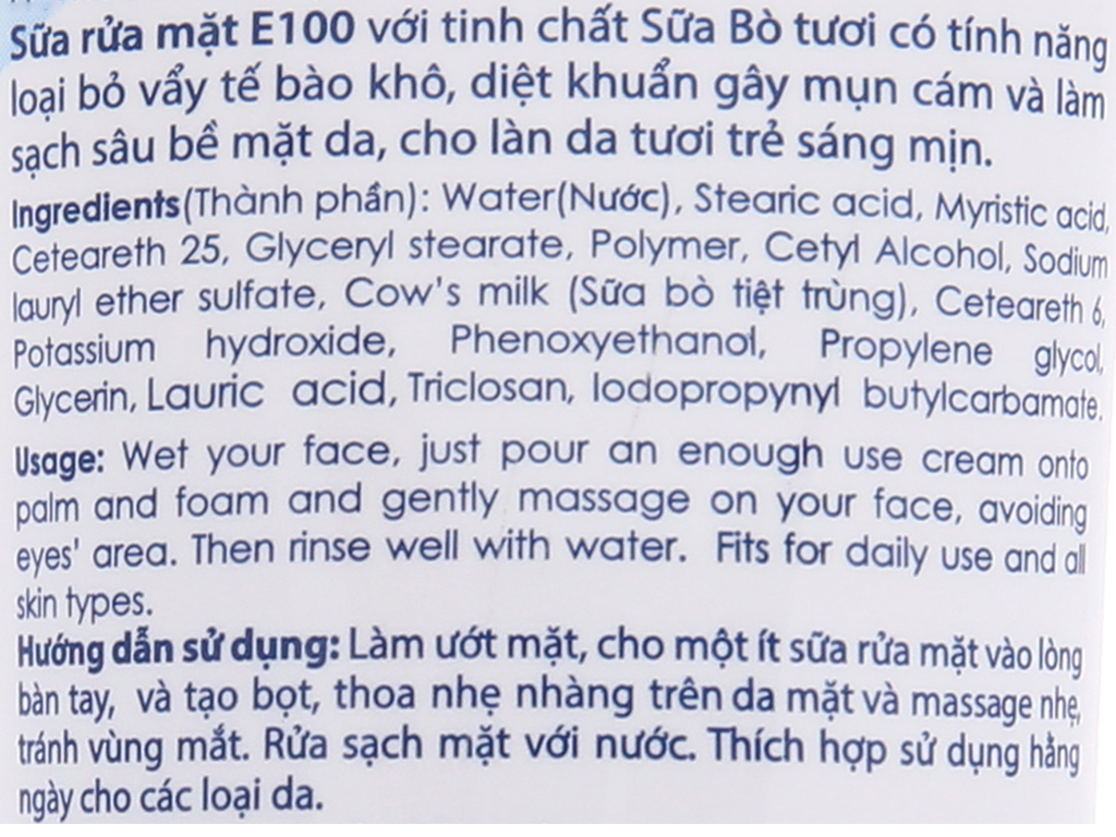Sữa rửa mặt E100 tinh chất sữa bò 80ml