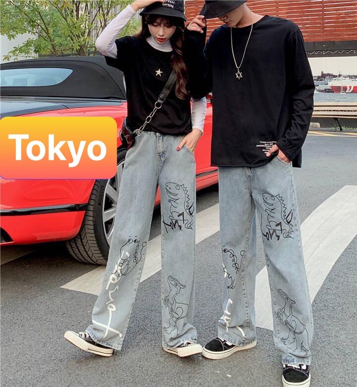 QUẦN BAGGY JEAN NAM NỮ UNISEX CHẤT BÒ ỐNG RỘNG DÀI XANH THÊU KHỦNG LONG VIP THOÁNG MÁT , CO GIÃN NHẸ CAO CẤP CJ-62 - TOKYO FASHION