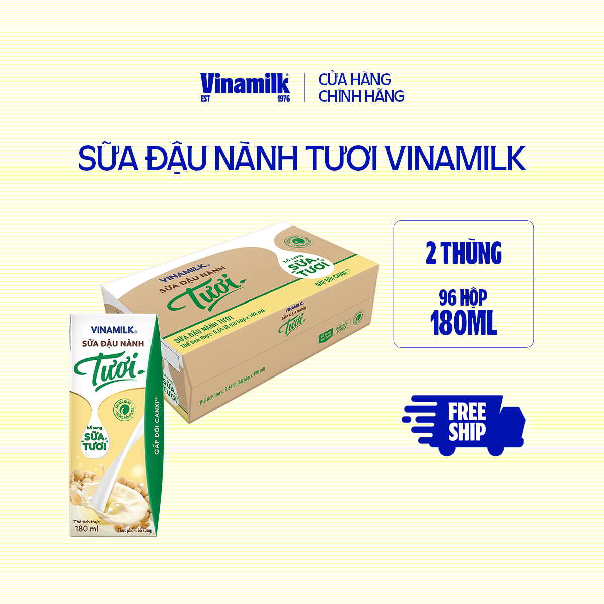 2 Thùng Sữa đậu nành Tươi Vinamilk 180ml - 48 hộp/Thùng