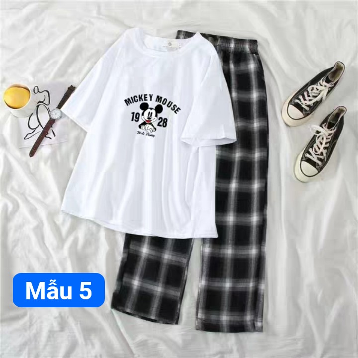Set bộ áo thun các mẫu hoạt hình mix quần suông kẻ cá tính