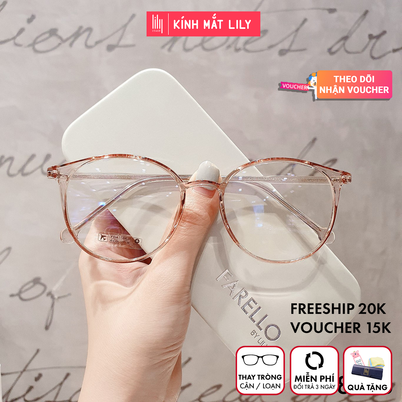 Mắt kính cận nữ Lilyeyewear kiểu dáng mắt tròn đa dạng màu sắc - 8250 kèm quà