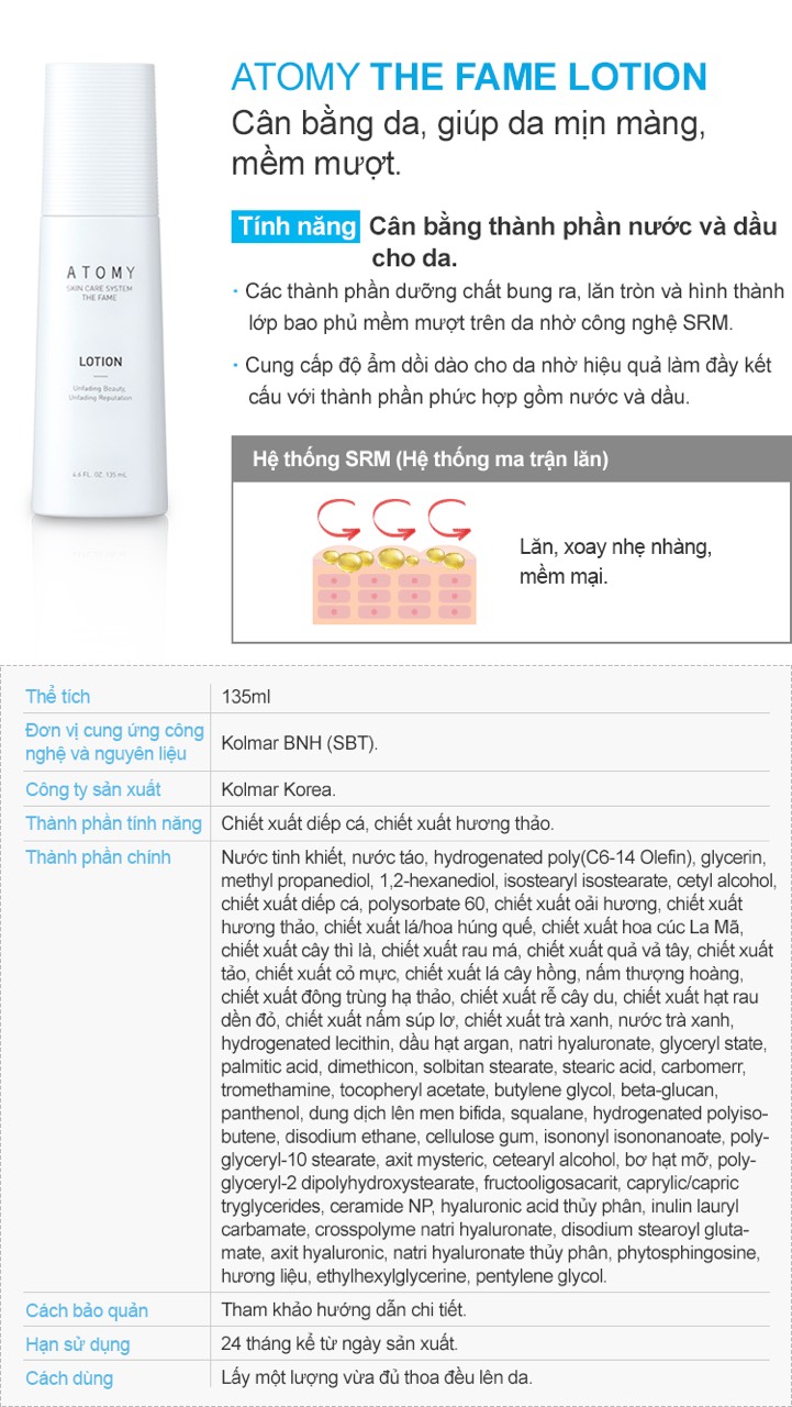 Sữa Dưỡng Da Atomy The Fame Lotion  Cấp Ẩm Sâu, Làm Mịn Da, Căng Bóng Tự Nhiên