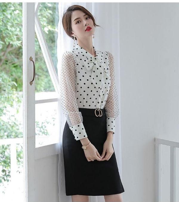 [HCM]ÁO SƠ MI CÔNG SỞ NỮ CHẤM BI TAY PHỐI LƯỚI CAO CẤP