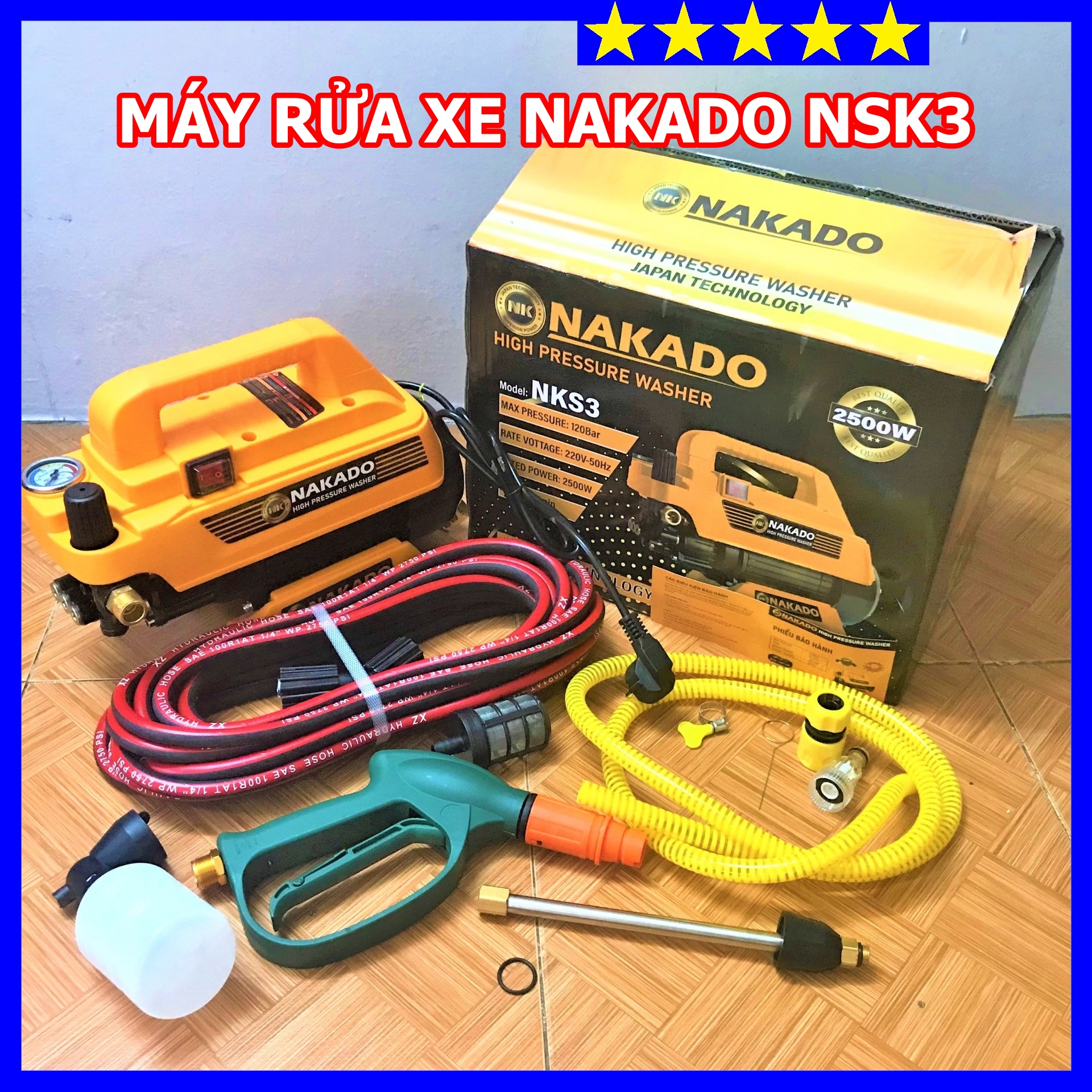 Máy bơm xịt rửa xe cao áp nakado nks3 - chuyên dụng xịt rửa oto, xe máy, vệ sinh máy móc, nhà xưởng, sân vườn - bảo hành 6 tháng